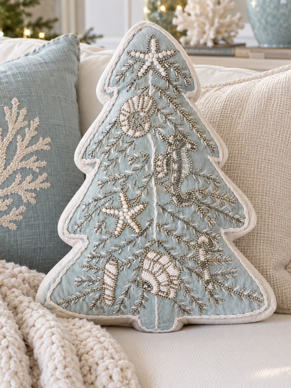 NWT Coastal Beaded Tree Throw Pillow